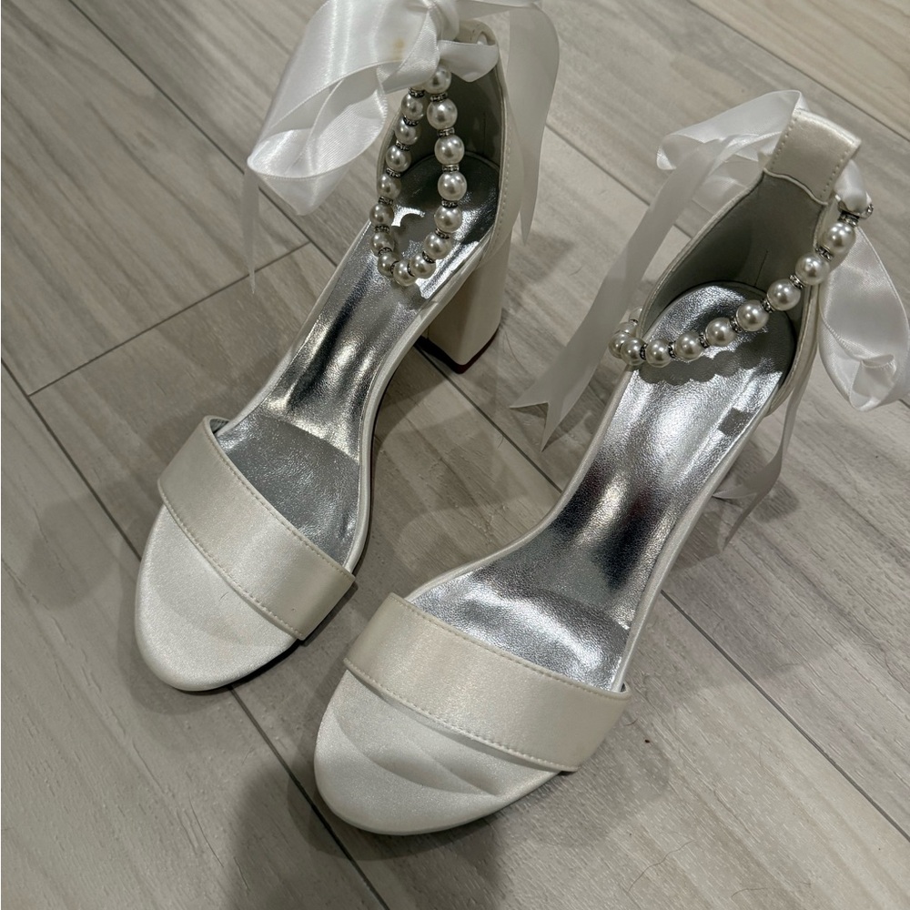 Elegant White Satin Heels with Pearl Ankle Strap and Bow Closure
